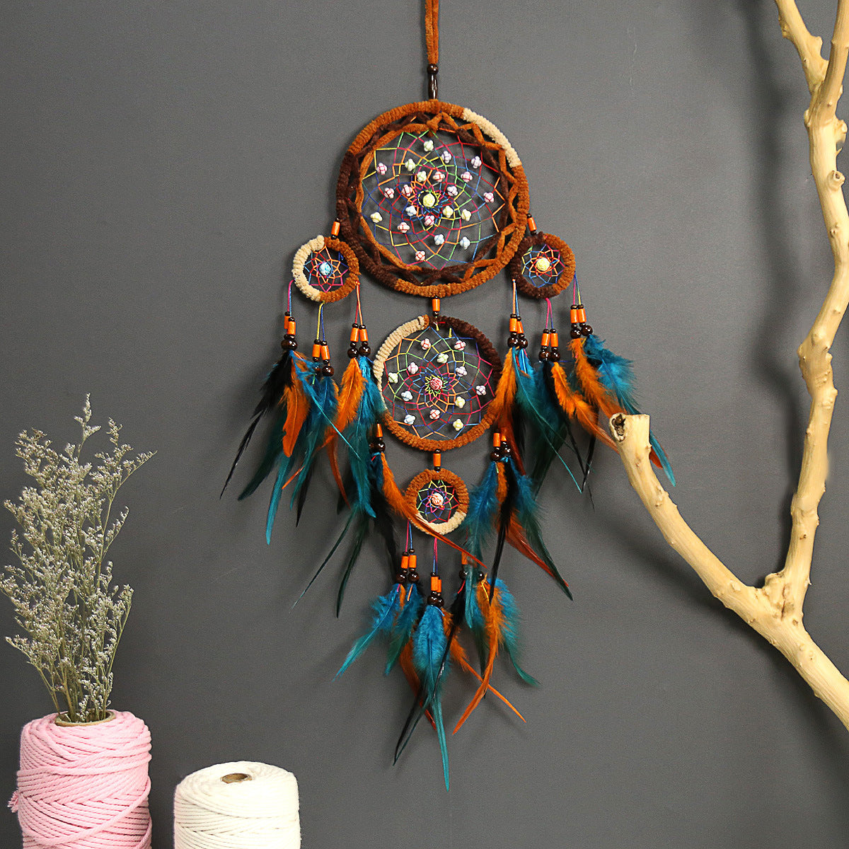 Retro Handwoven Dreamcatcher Wall Hanging with Feathers Nordic Style