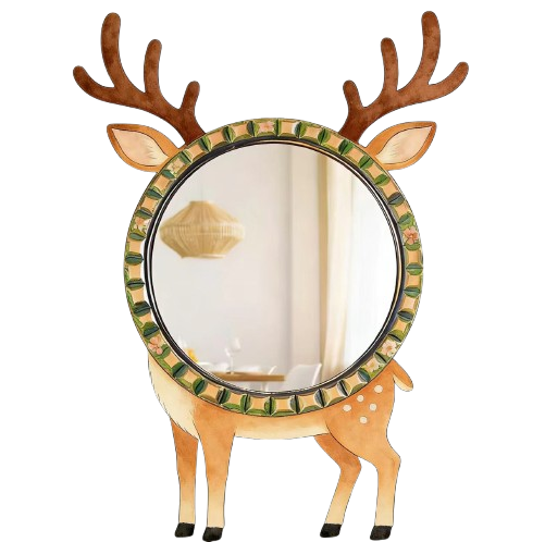 Nordic Style Wooden Animal Wall Mirror 31cm - 2D Retro Hanging Decor