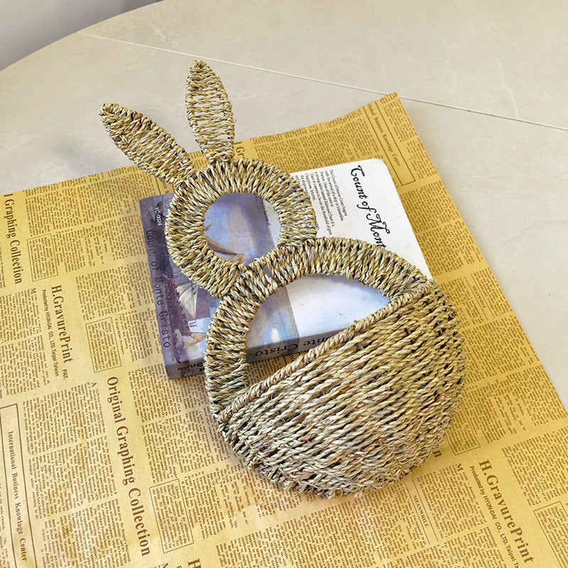 Handwoven Grass Rabbit Wall Basket Decor Pastoral Style 42cm