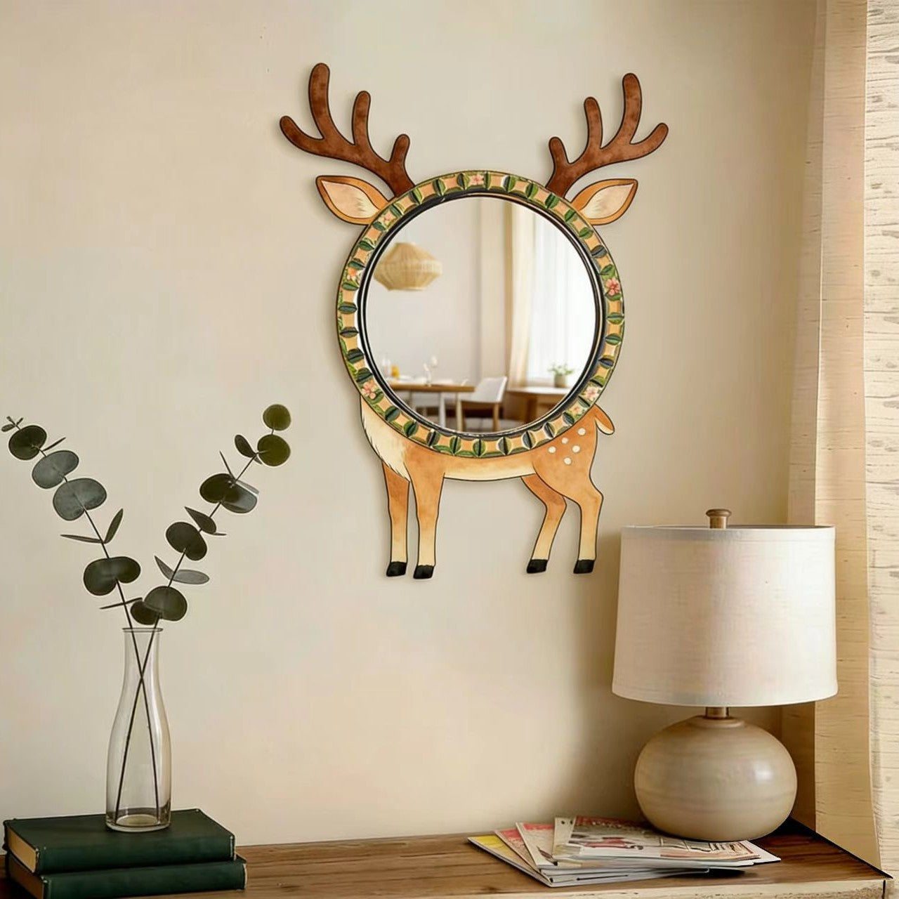 Nordic Style Wooden Animal Wall Mirror 31cm - 2D Retro Hanging Decor